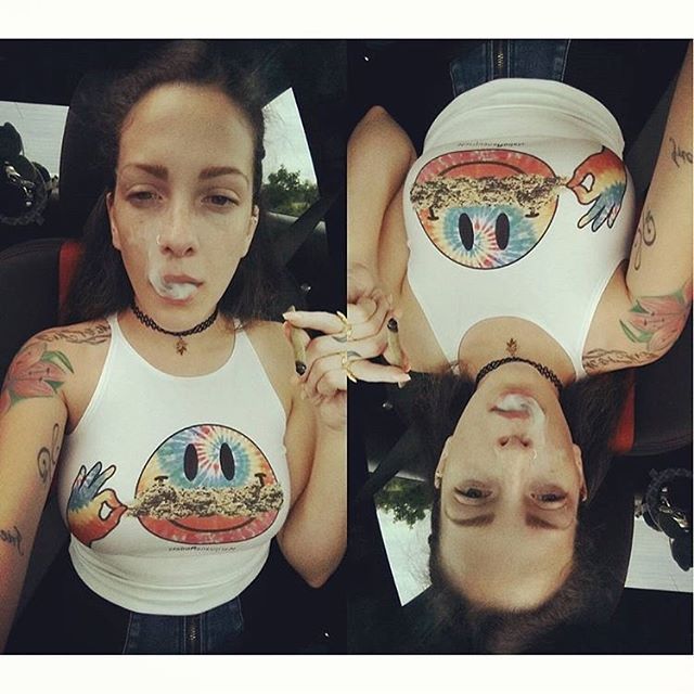 @poisonedveins ️ lookin super cute gettin baked in her smiley Weedstache crop Get this top as a tee, tank, or crop (men's,unisex,women's) sizes!) from our shop! Link in my bio️
